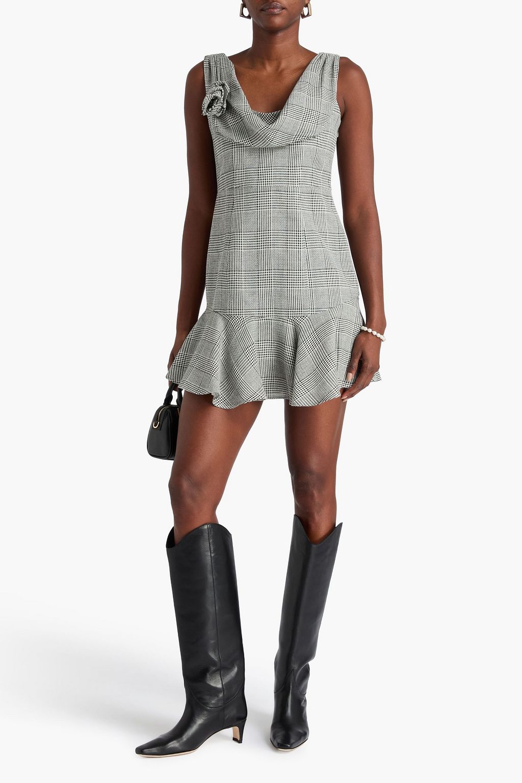 ALESSANDRA RICH Floral-appliquéd Prince of Wales checked wool-tweed mini dress
