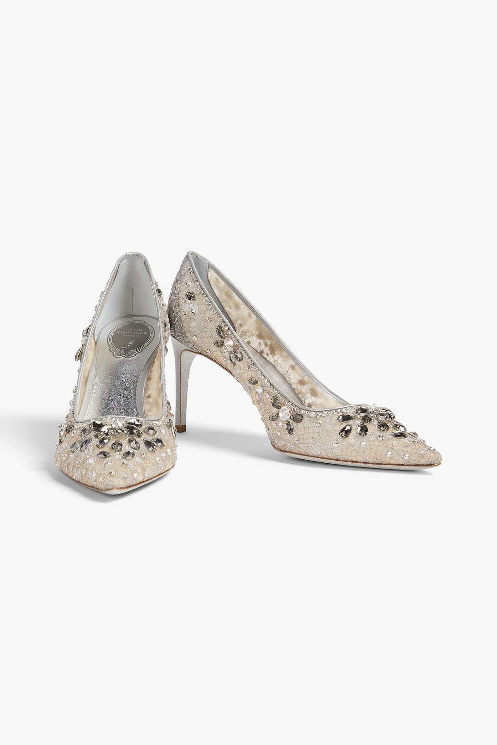 RENE' CAOVILLA Cinderella crystal-embellished metallic lace pumps