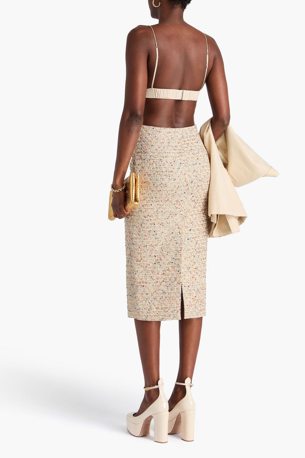 ALESSANDRA RICH Sequin-embellished metallic cotton-blend tweed midi skirt