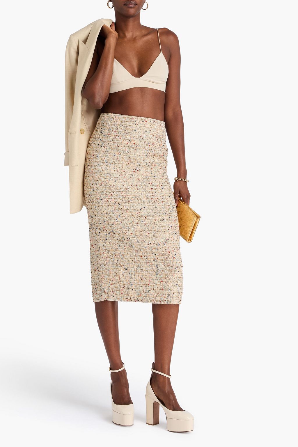 ALESSANDRA RICH Sequin-embellished metallic cotton-blend tweed midi skirt