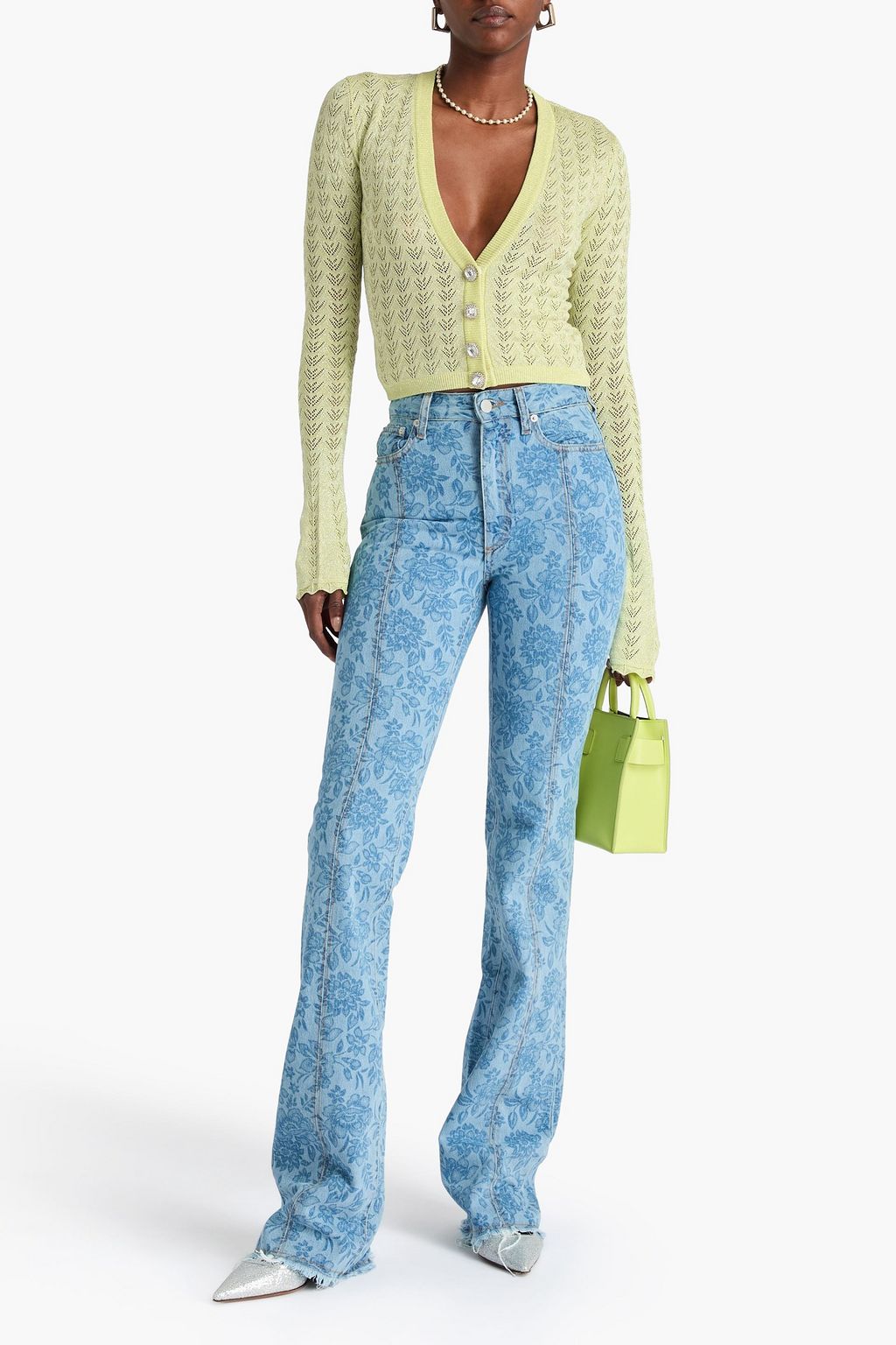 ALESSANDRA RICH Crystal-embellished metallic pointelle-knit cardigan
