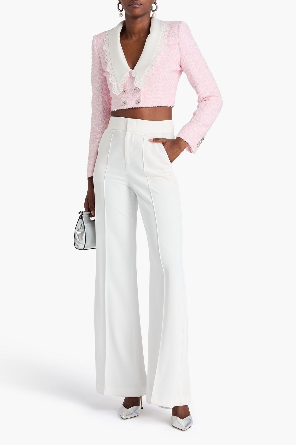 ALESSANDRA RICH Cropped double-breasted mikado-paneled tweed blazer