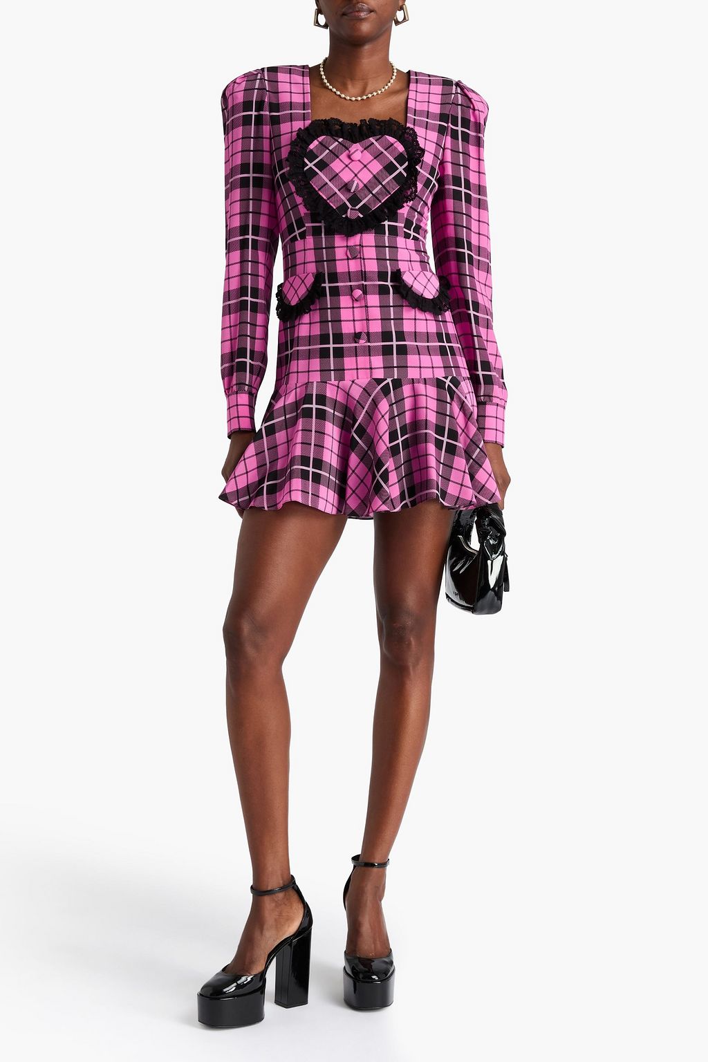 ALESSANDRA RICH シルククレープデシン ミニワンピース レーストリム チェック