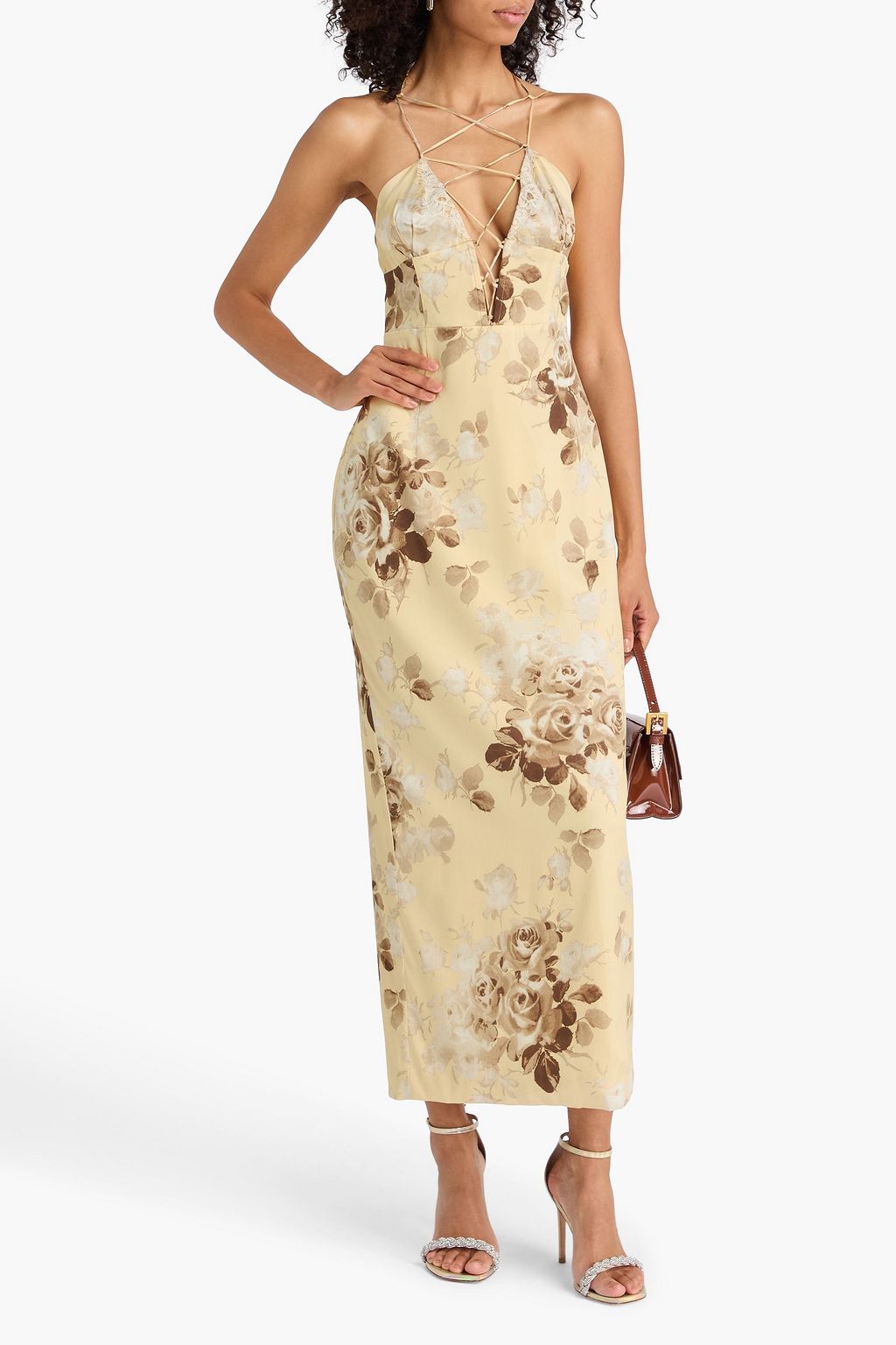 ALESSANDRA RICH Lace-trimmed floral-print silk-satin midi dress
