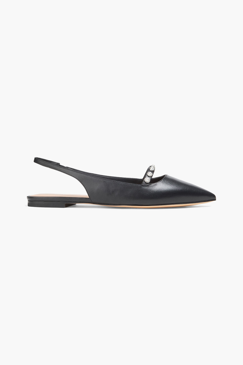 Stuart Weitzman Faux Pearl-embellished Leather Slingback Point-toe Flats In Black