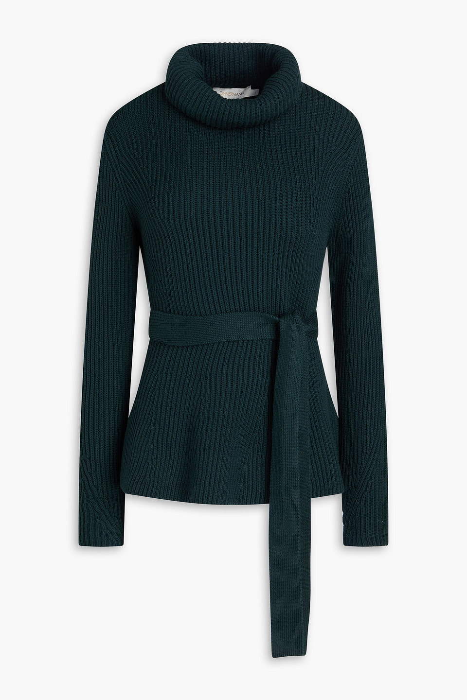 Zimmermann Belted Ribbed Wool Turtleneck Sweater In Green