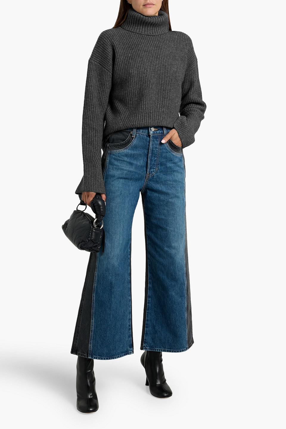 Veronica Beard Taylor Cropped Two-tone High-rise Wide-leg Jeans In Blue