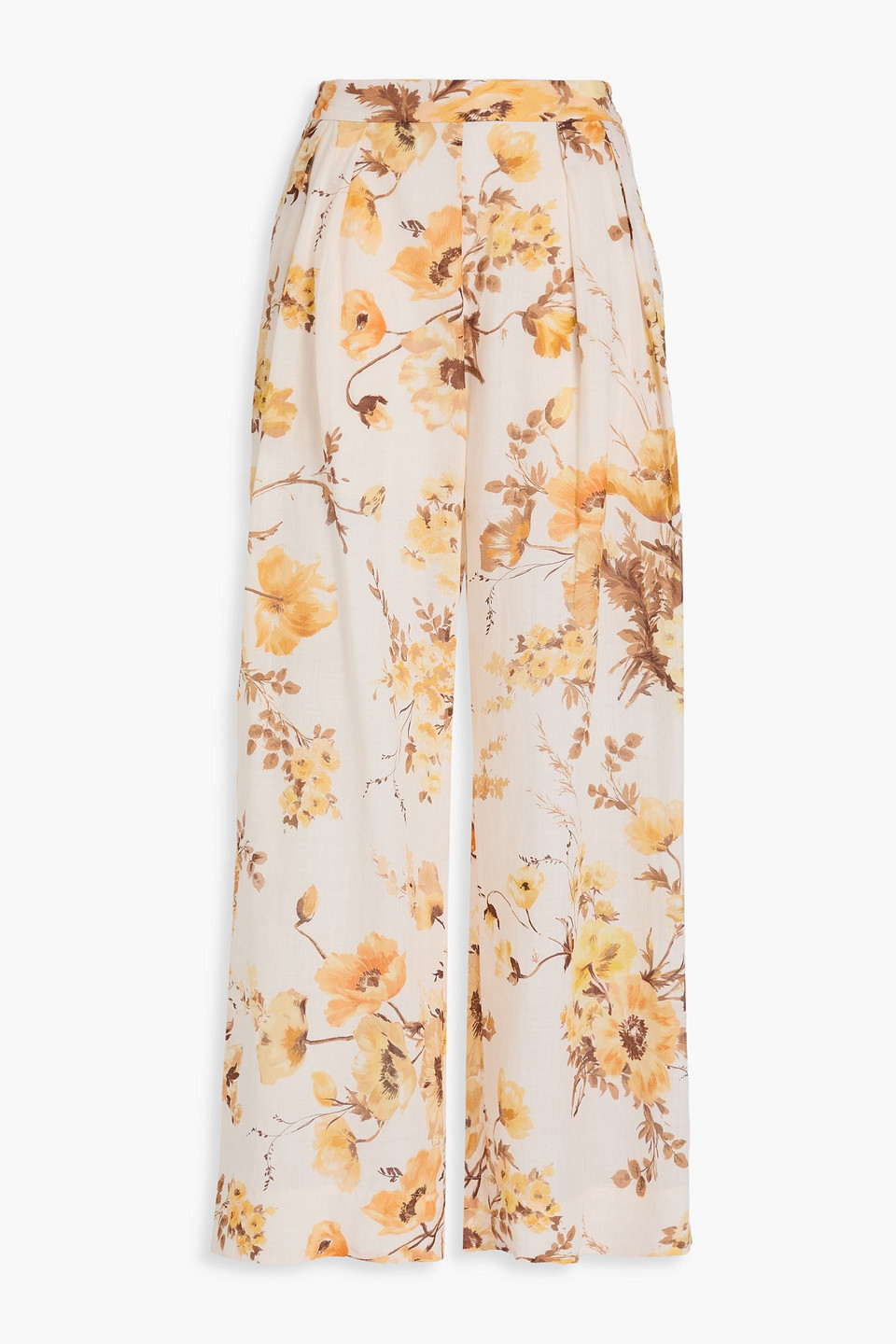 Zimmermann Pleated Floral-print Ramie Wide-leg Pants In White