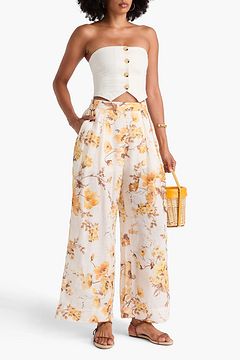 ZIMMERMANN Pleated floral-print ramie wide-leg pants THE OUTNET