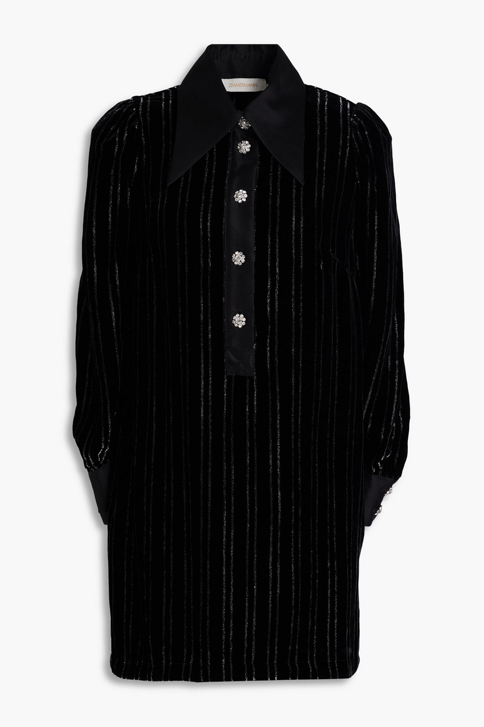 zimmermann - metallic striped velvet mini shirt dress - black - 2