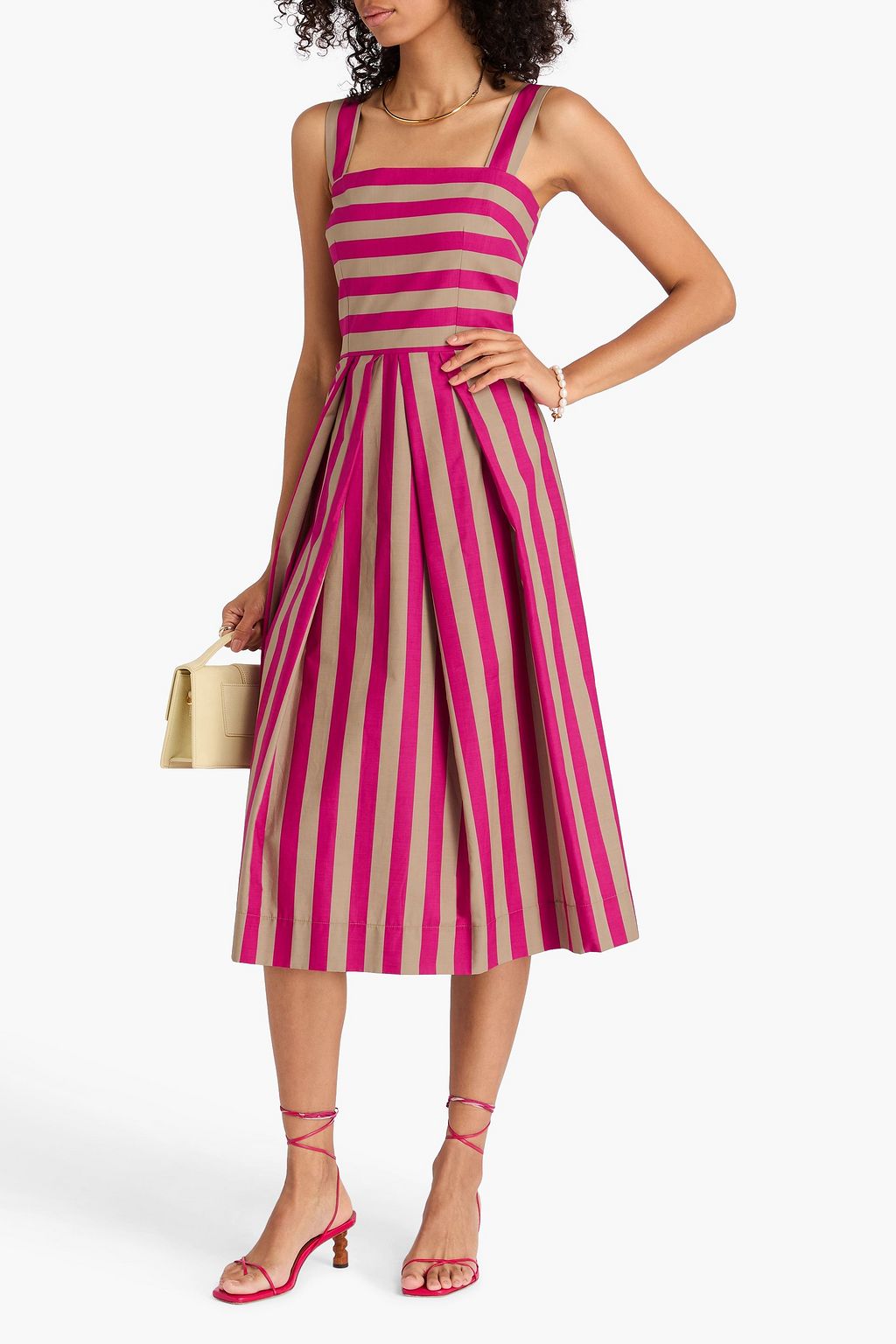 DOLCE&GABBANA فستان متوسط الطول من قطن بوبلين بتصميم مخطط مزين بكسرات