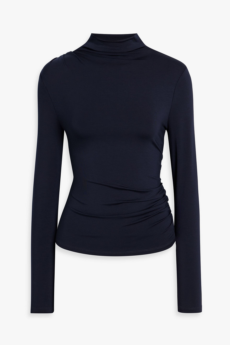 Veronica Beard Mylie Ruched Lyocell-blend Jersey Turtleneck Top In Blue