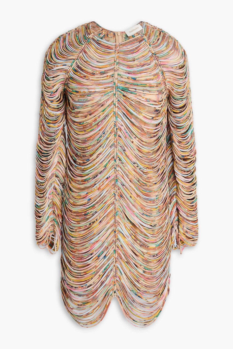 Zimmermann Fringed Printed Organza Mini Dress In Brown