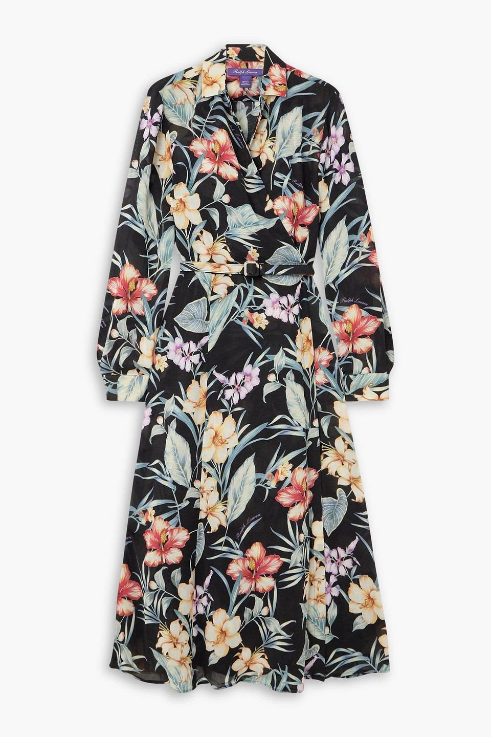 ralph lauren collection - aniyah belted floral-print woven midi wrap dress - black - us 0
