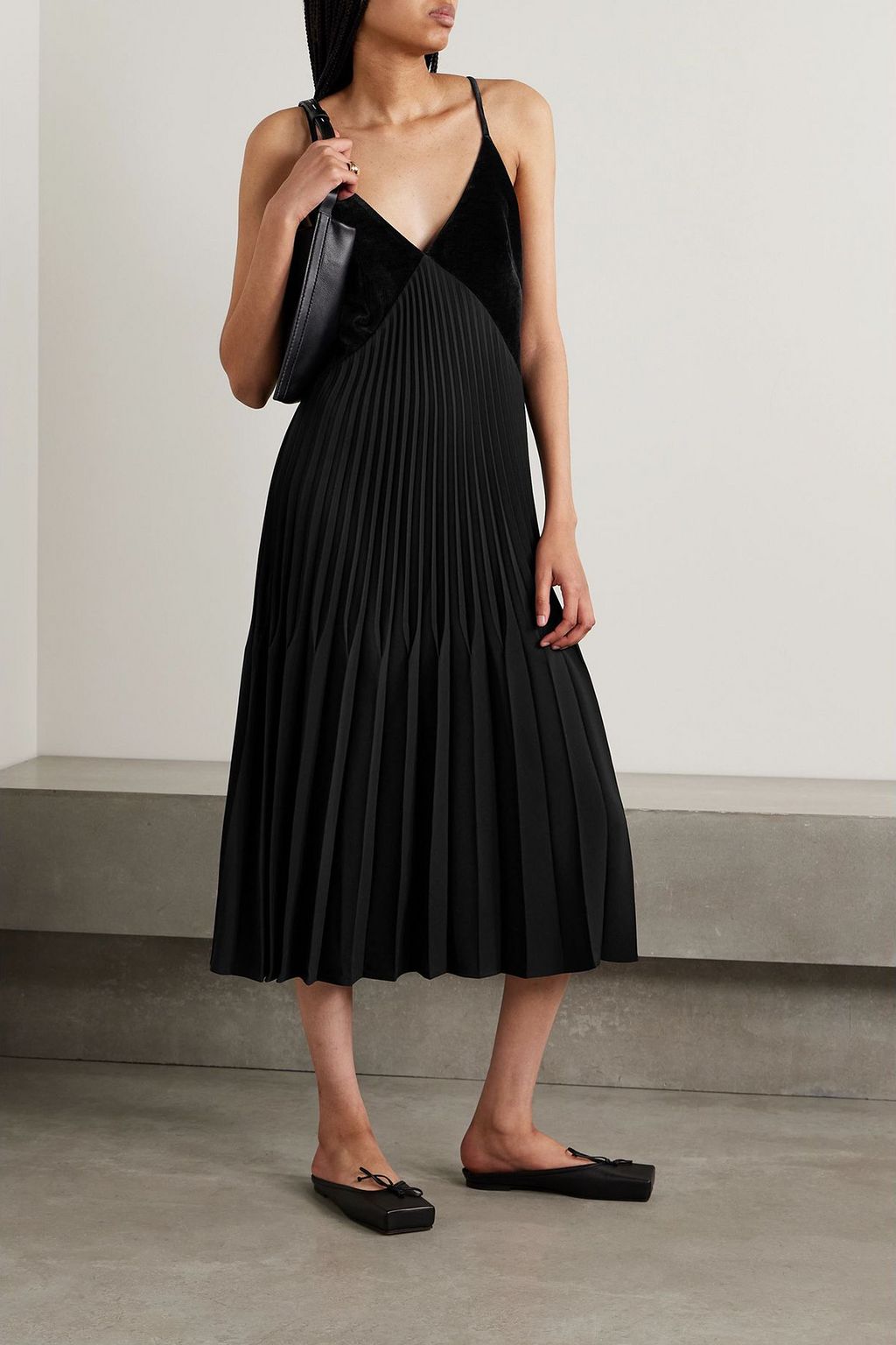 PROENZA SCHOULER Wren velvet-trimmed pleated crepe midi dress