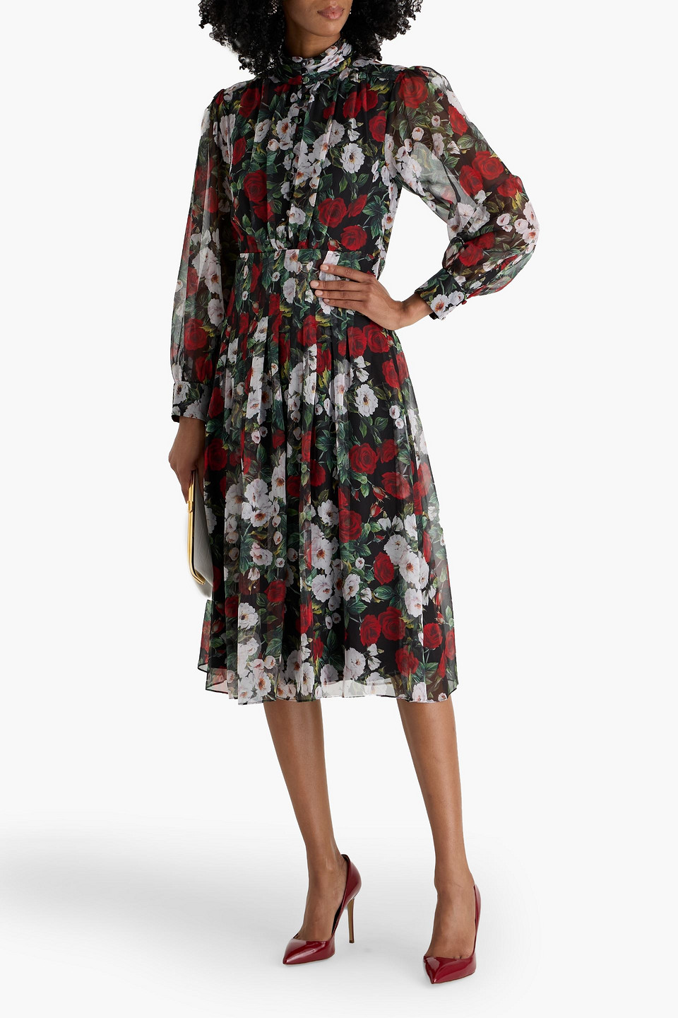 Mikael Aghal Pleated Floral-print Chiffon Midi Dress In Multi