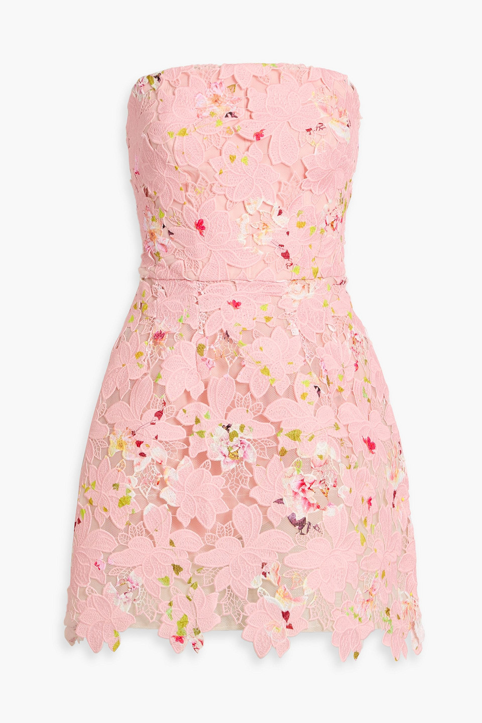 Monique Lhuilier Strapless Guipure Lace Mini Dress In Pink