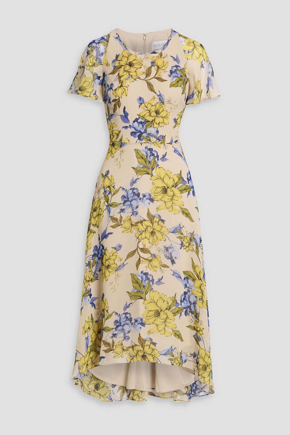 Mikael Aghal Ruffled Floral-print Crepon Midi Dress In Blue