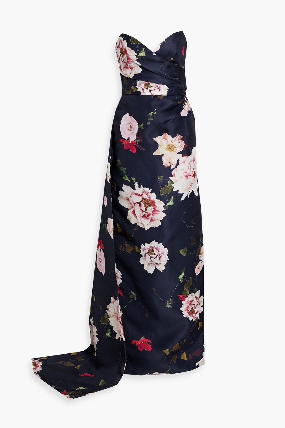 Monique Lhuillier Strapless Floral-print Silk-crepe Gown In Blue
