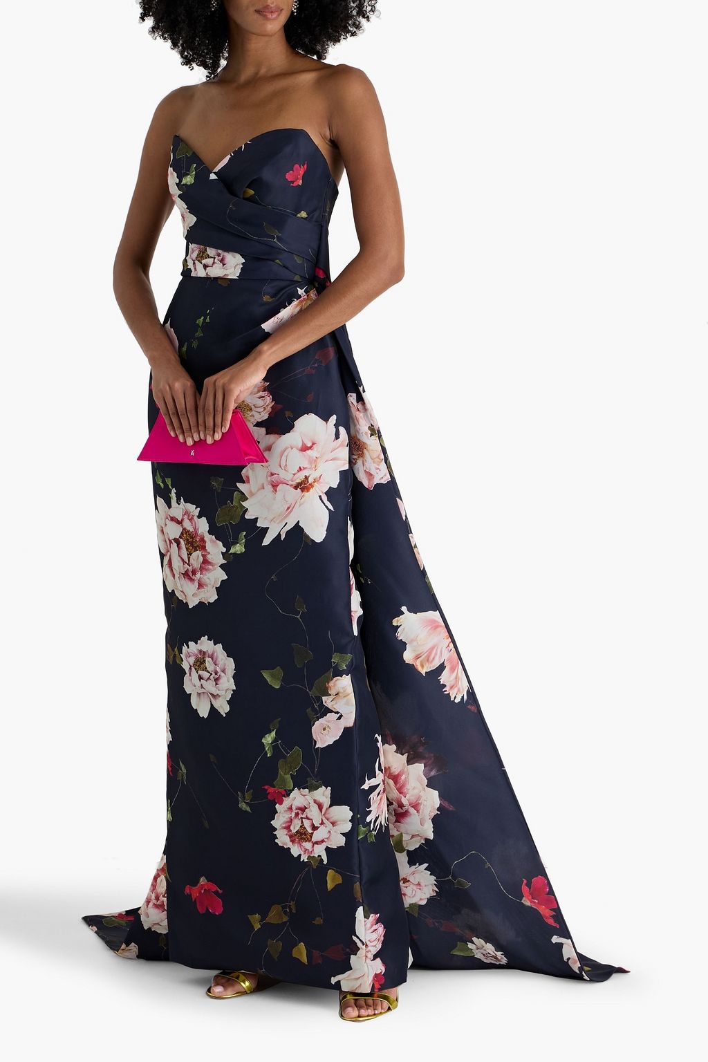MONIQUE LHUILLIER Strapless floral-print silk-crepe gown