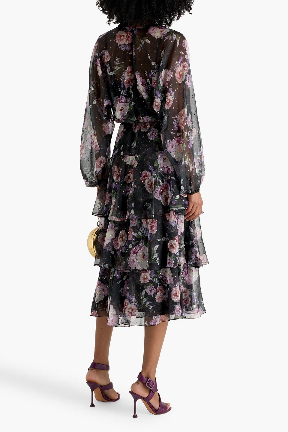  Mikael Aghal - Midikleid Aus Chiffon Mit Fil-coupé In Metallic-optik Und Floralem Print - Schwarz - Us 2 