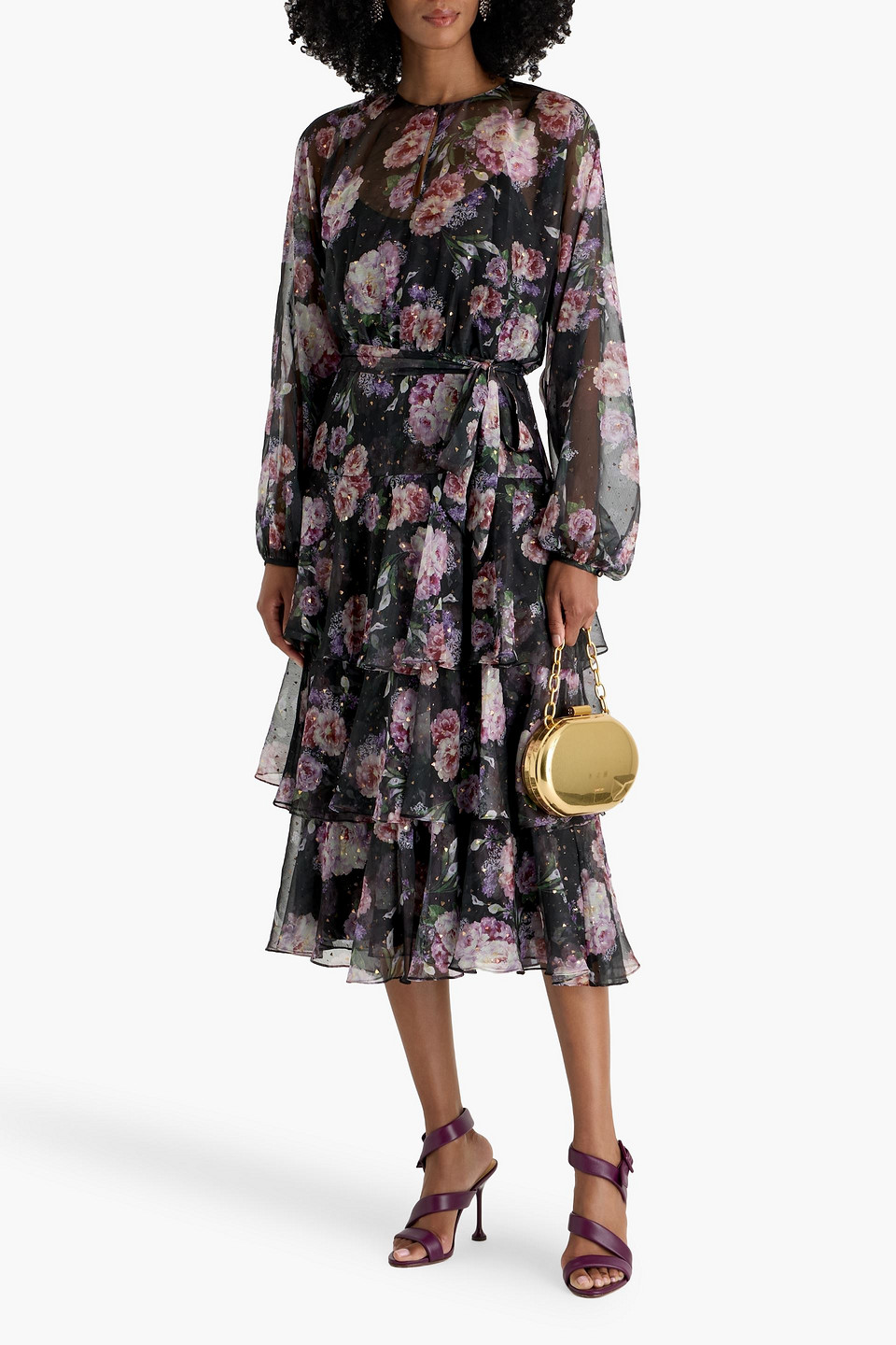  Mikael Aghal - Midikleid Aus Chiffon Mit Fil-coupé In Metallic-optik Und Floralem Print - Schwarz - Us 2 