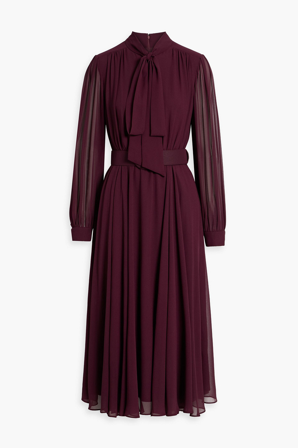 Mikael Aghal Pussy-bow Belted Crepe De Chine Midi Dress In Burgundy