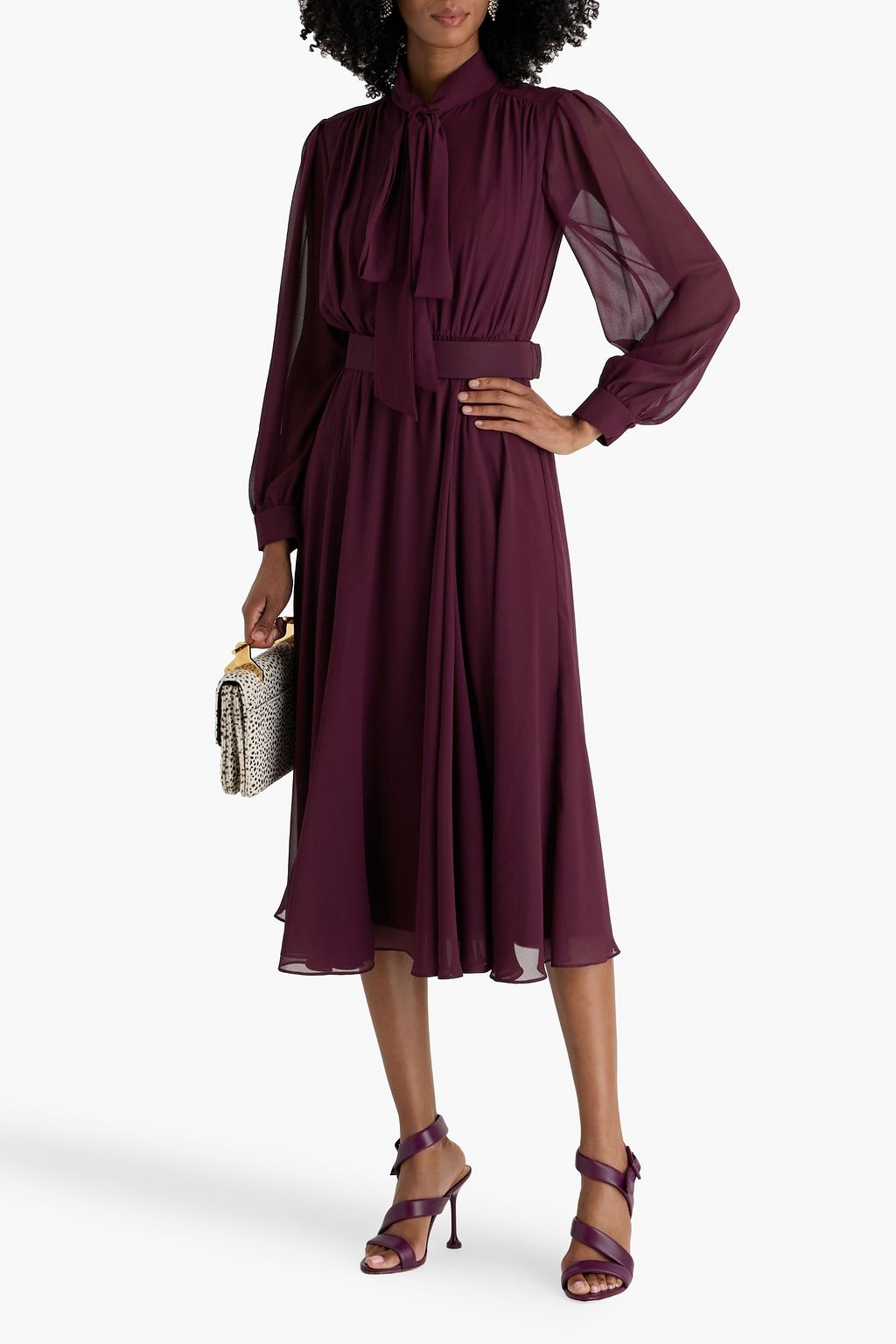 MIKAEL AGHAL Pussy-bow belted crepe de chine midi dress