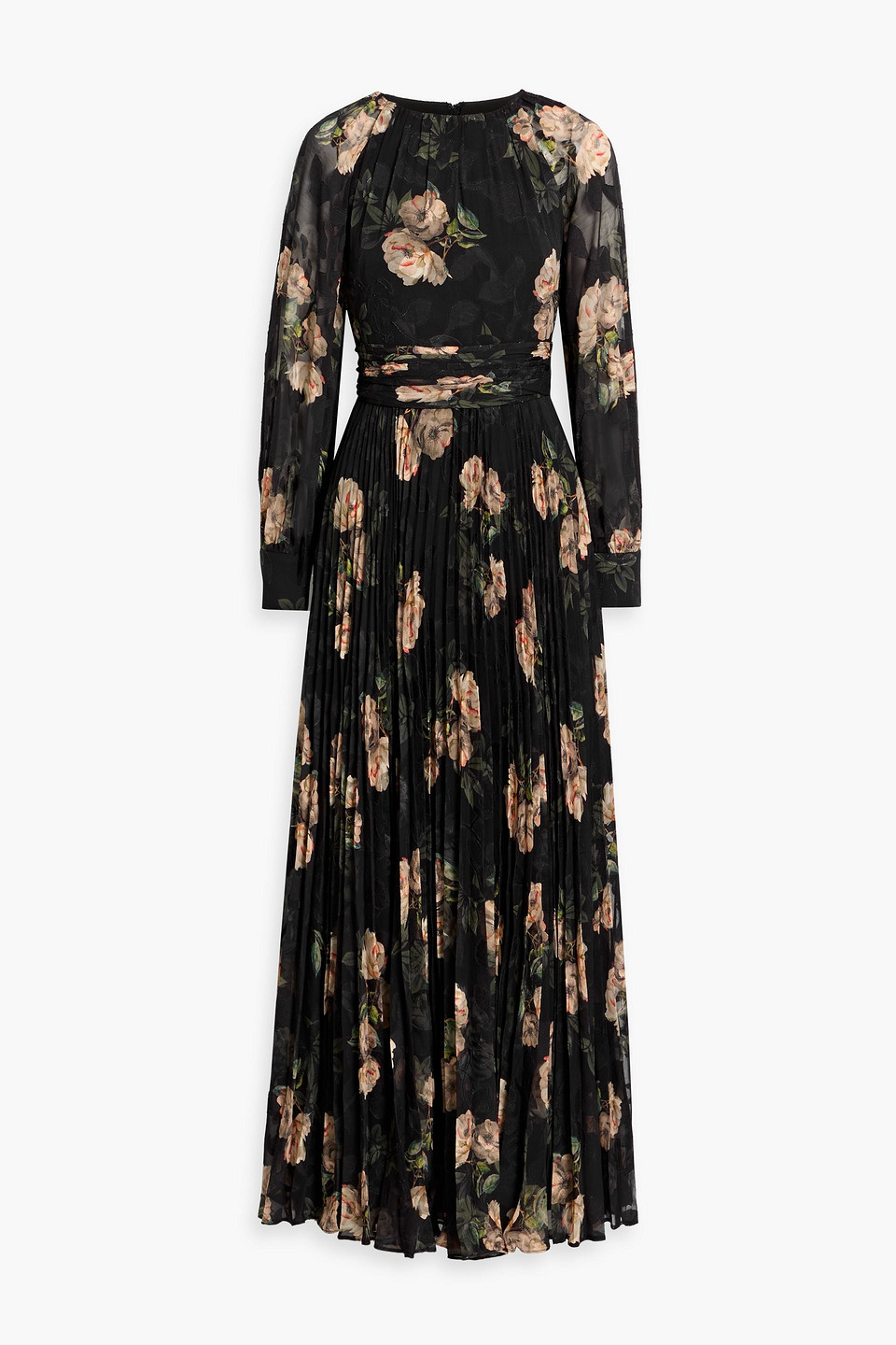 Mikael Aghal Pleated Floral-print Fil Coupé Chiffon Maxi Dress In Black