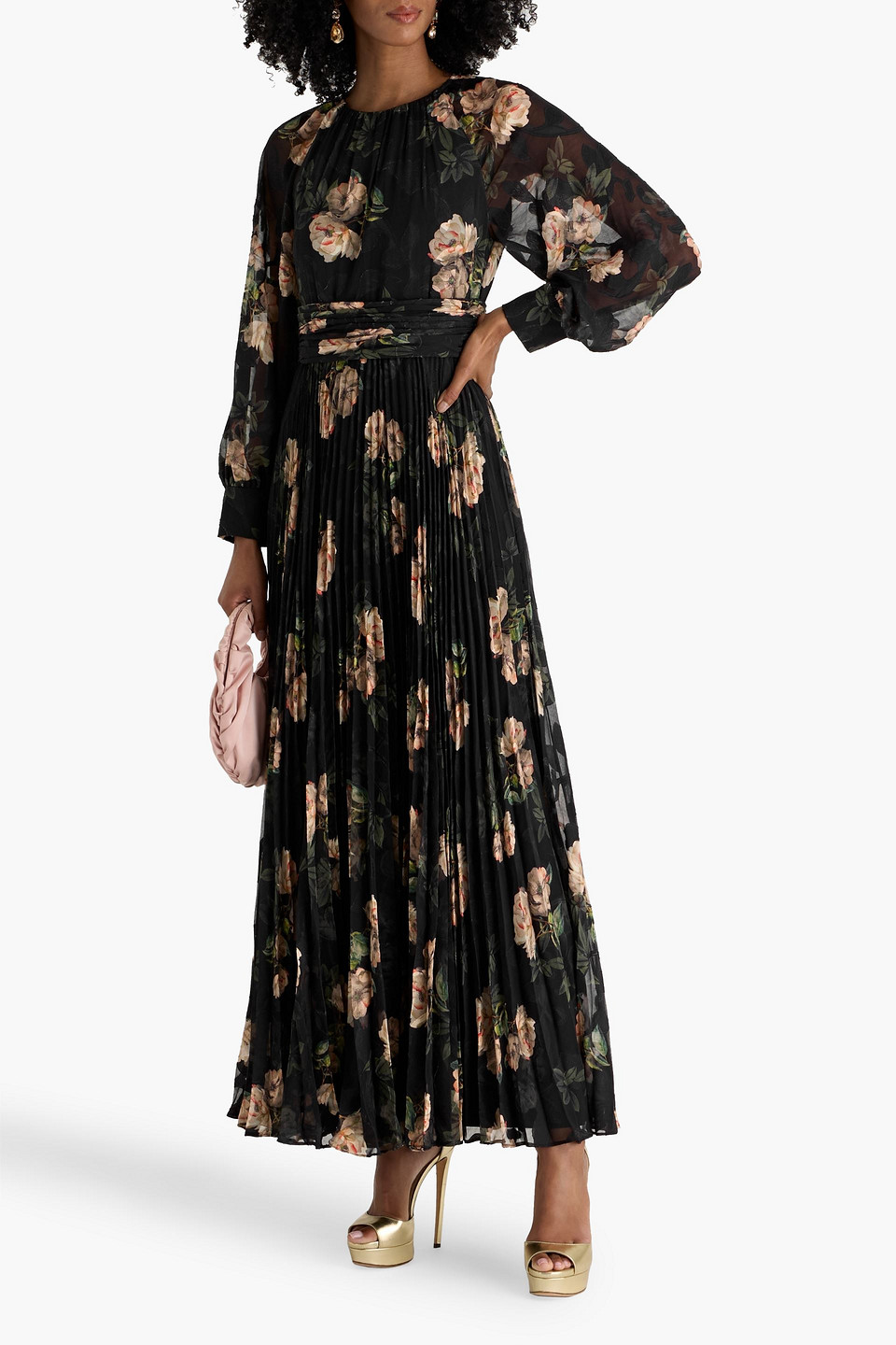 Mikael Aghal Pleated Floral-print Fil Coupé Chiffon Maxi Dress In Black