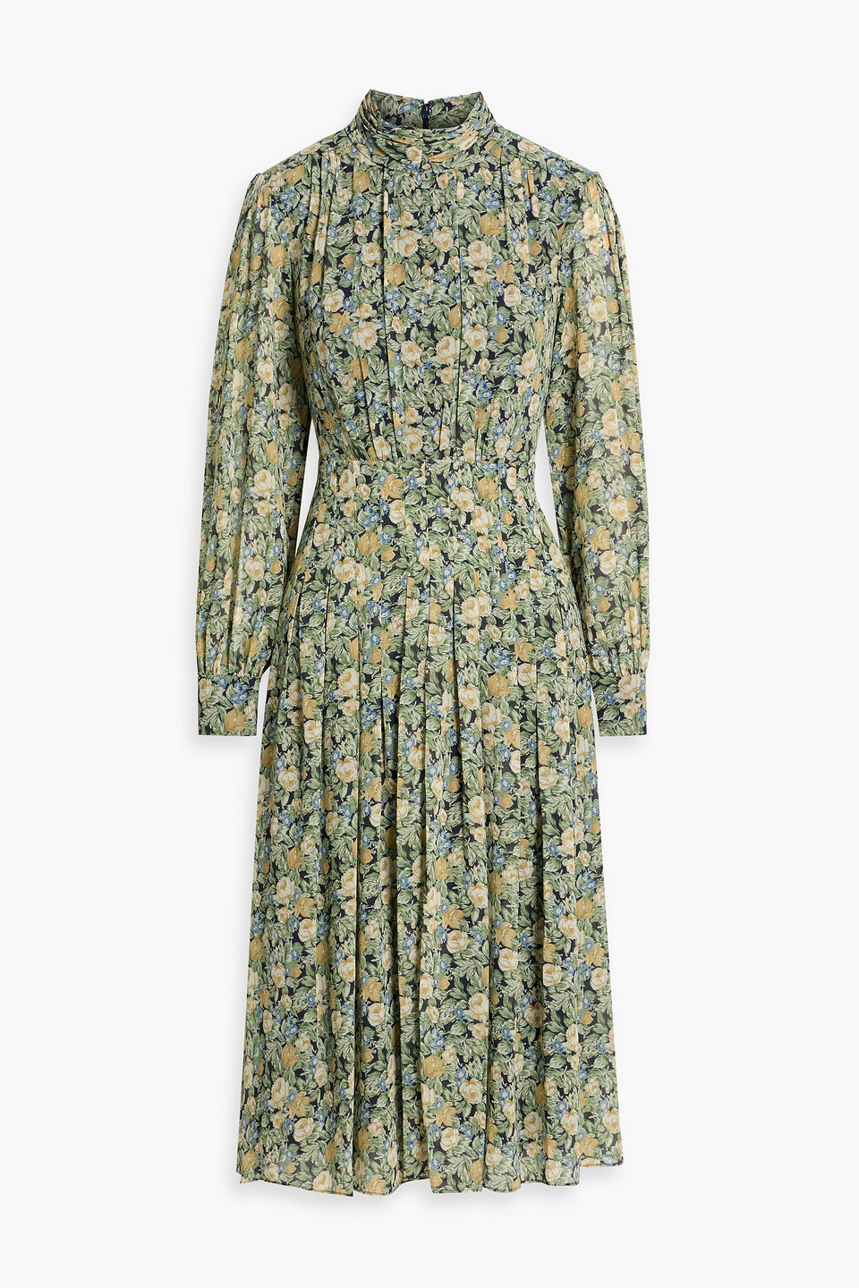 Mikael Aghal Pleated Floral-print Crepe Midi Dress In Green