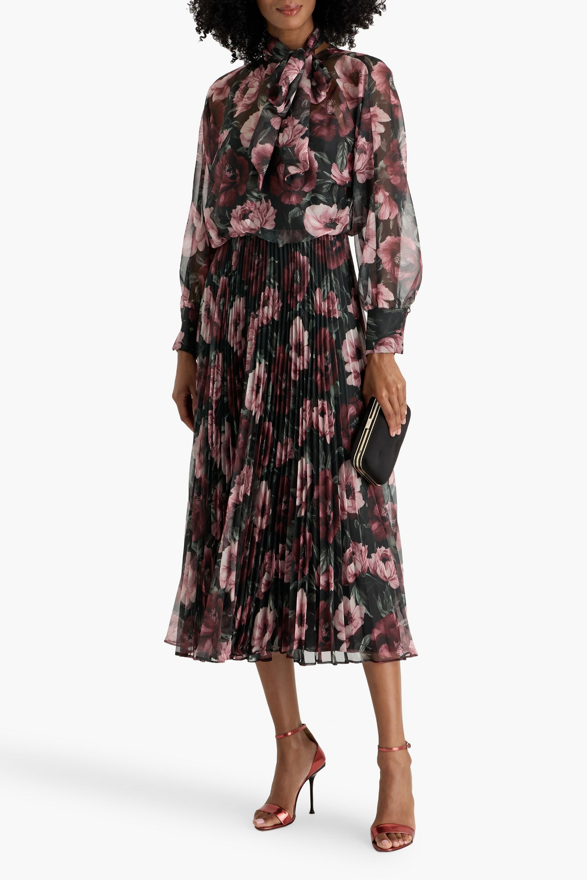 MIKAEL AGHAL Pleated floral-print crepon midi dress