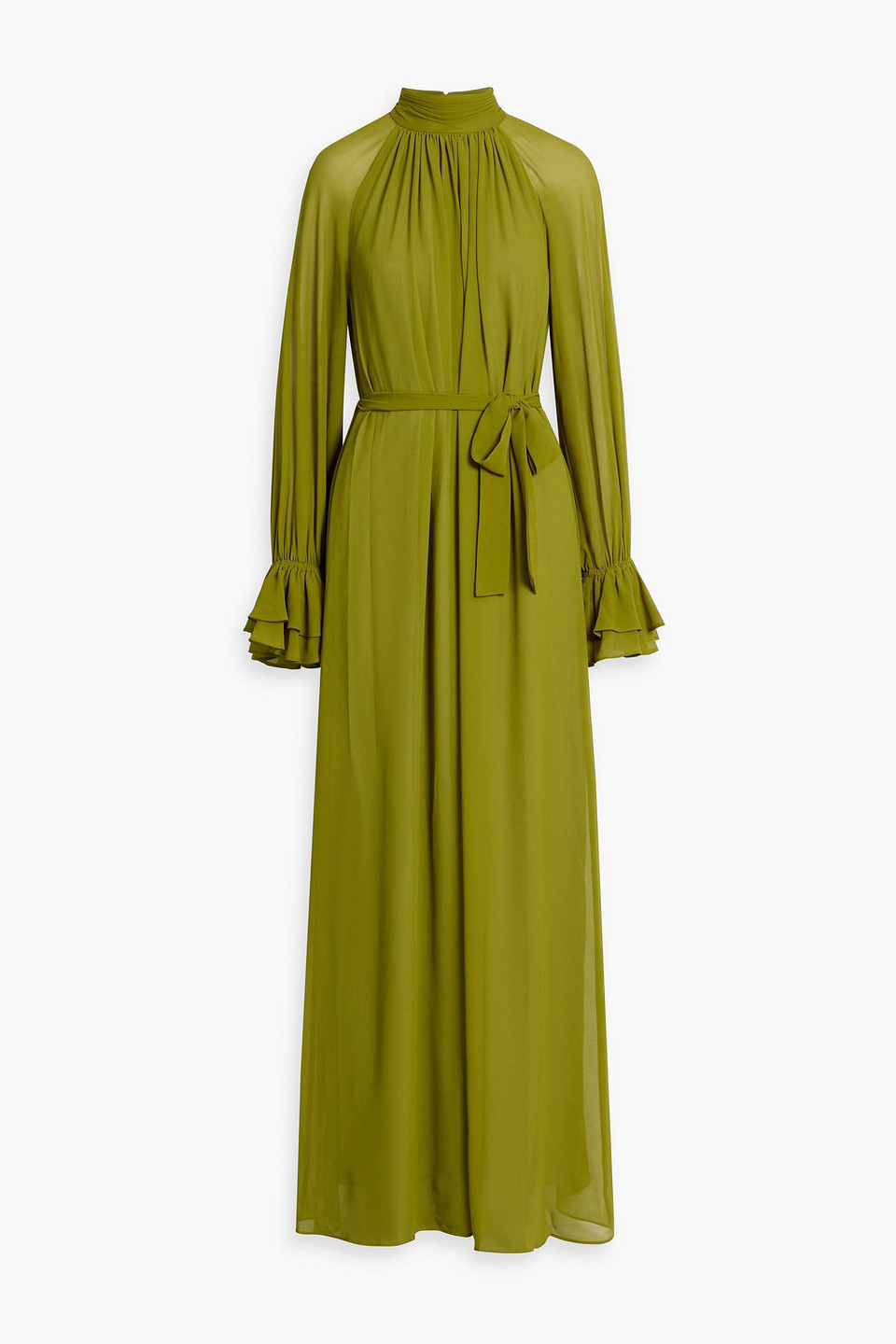 Mikael Aghal Gathered Chiffon Maxi Dress In Green