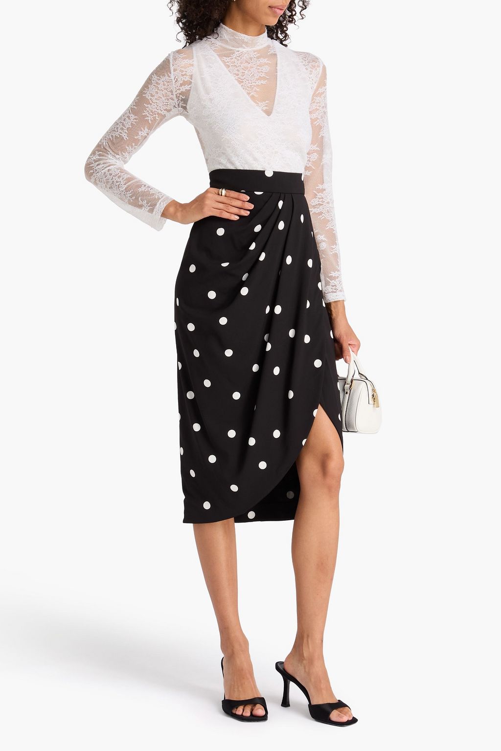DOLCE&GABBANA ストレッチクレープ ミディスカート ドレープ入り ポルカドット