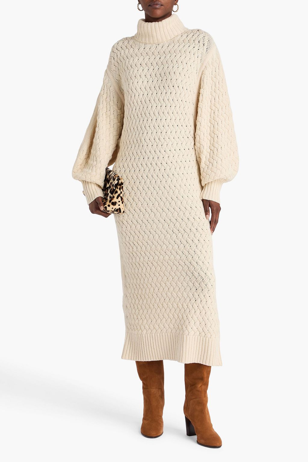 ZIMMERMANN ケーブルニット ウール&コットン混 タートルネック ミディワンピース
