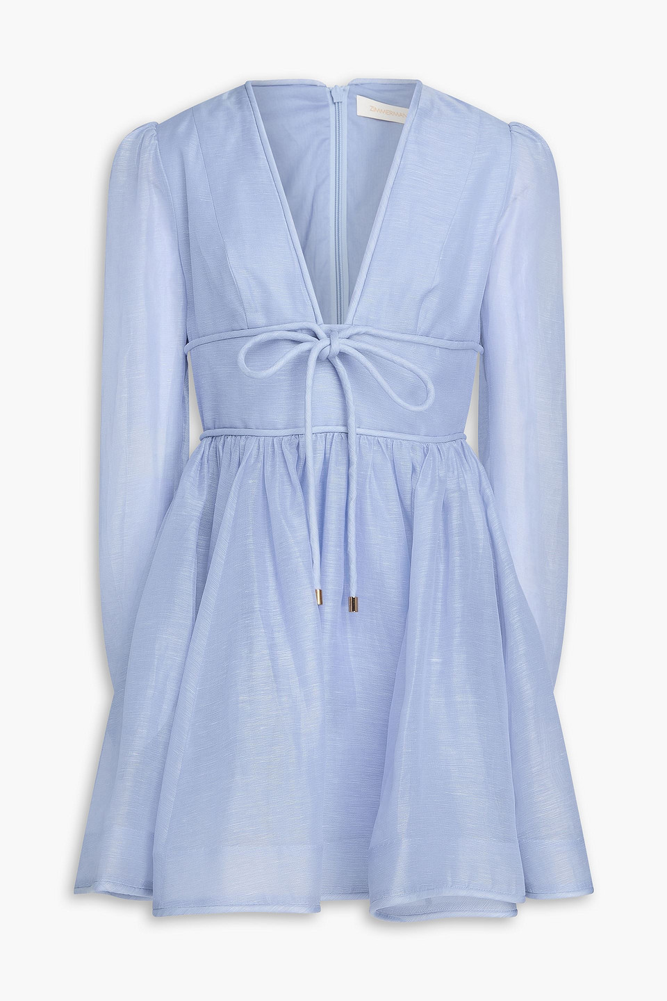 Zimmermann Gathered Linen And Silk-blend Organza Mini Dress In Blue