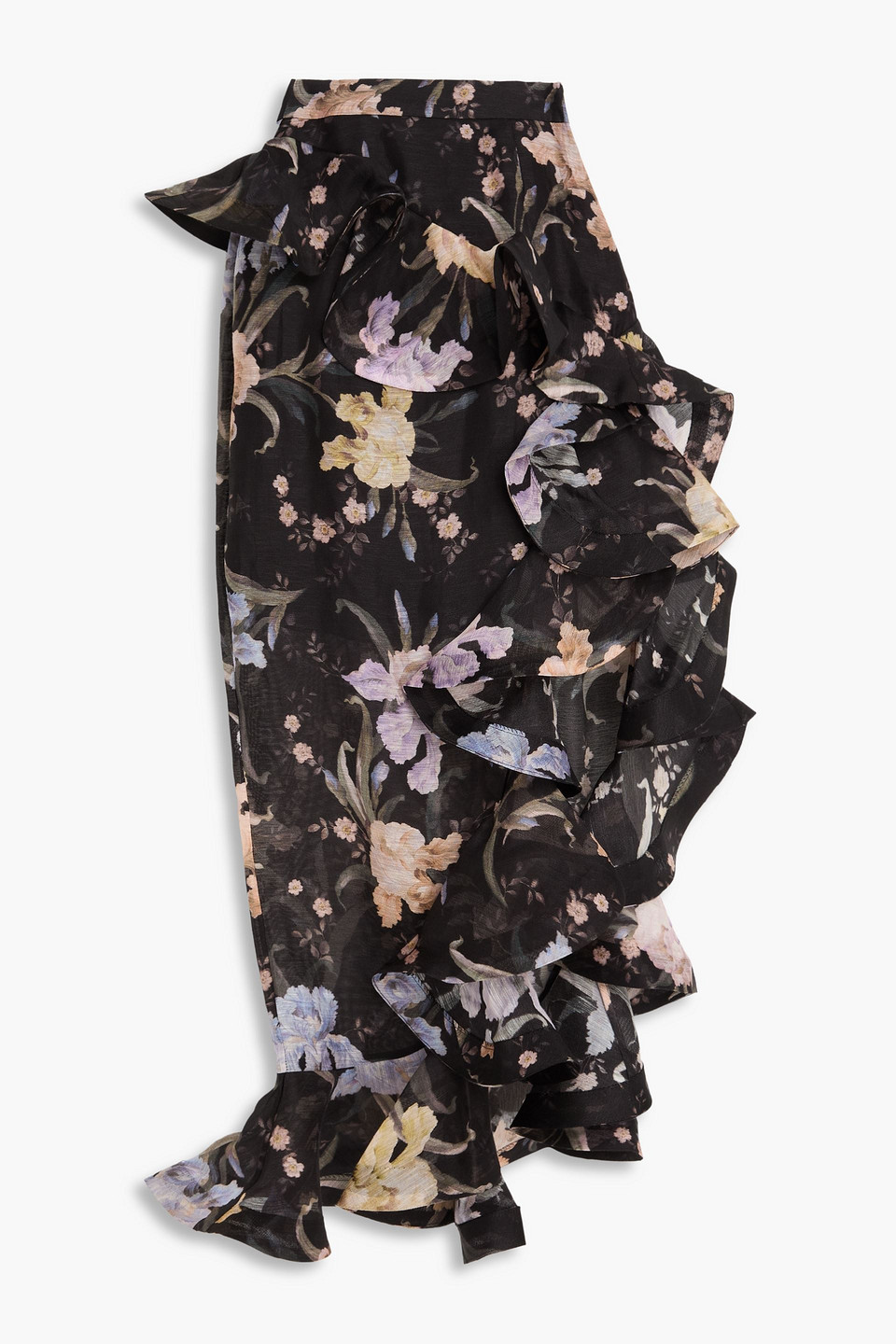 Zimmermann Asymmetric Floral-print Linen And Silk Blend-gauze Skirt In Black