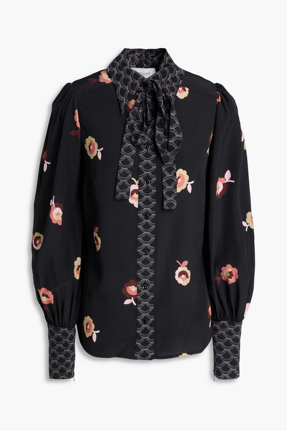 Zimmermann Pussy-bow Printed Crepe De Chine Shirt In Black