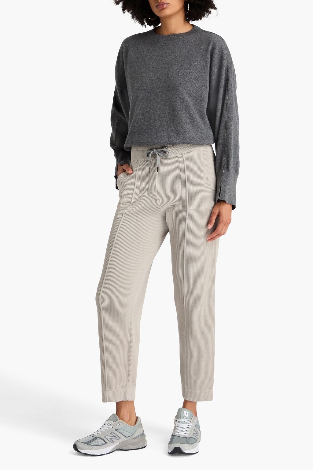 BRUNELLO CUCINELLI Bead-embellished ribbed cotton track pants
