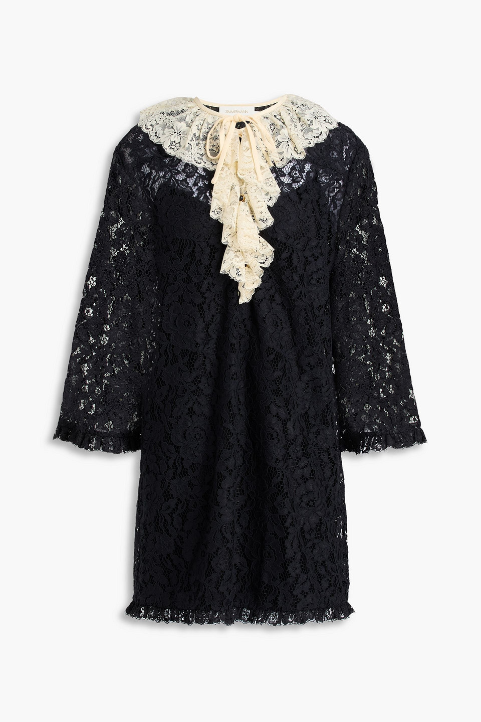 zimmermann - ruffled two-tone cotton-blend corded lace mini dress - black - 1