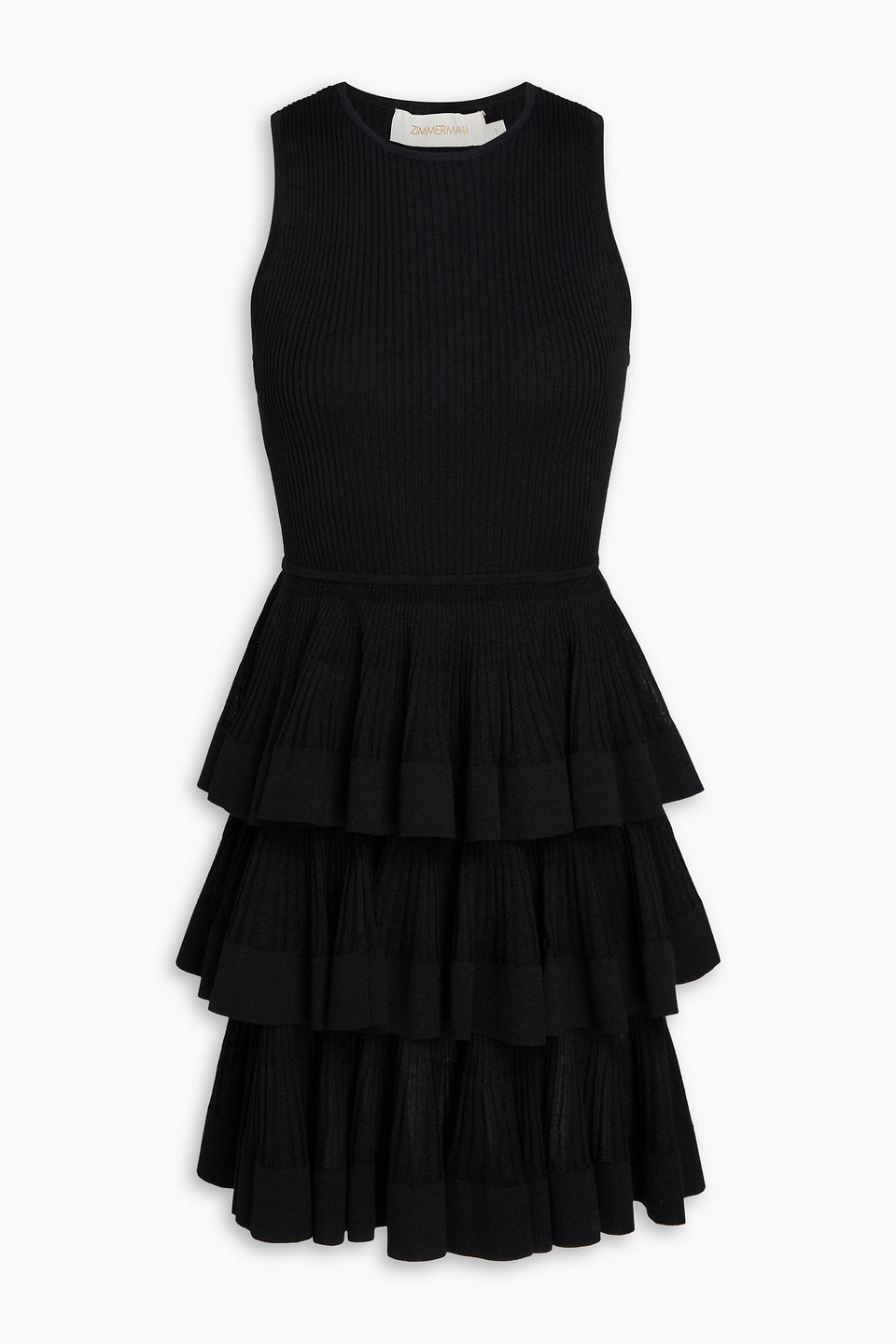Zimmermann Tiered Ribbed-knit Mini Dress In Black