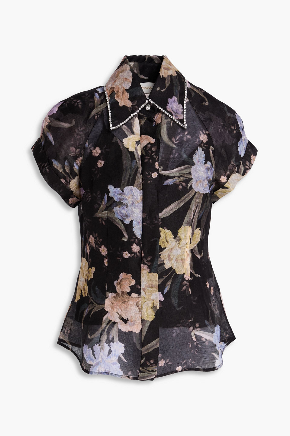 Zimmermann Crystal-embellished Floral-print Linen And Silk-blend Shirt In Black