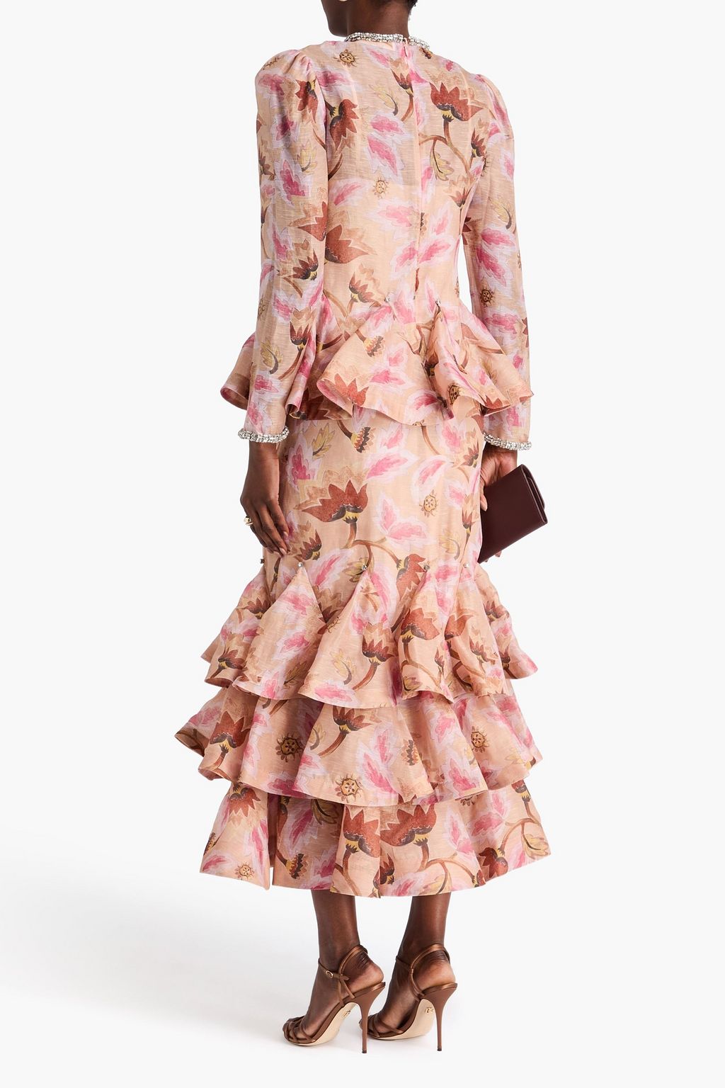ZIMMERMANN リネン&シルク混 ミディワンピース ティアード クリスタル付き プリント入り