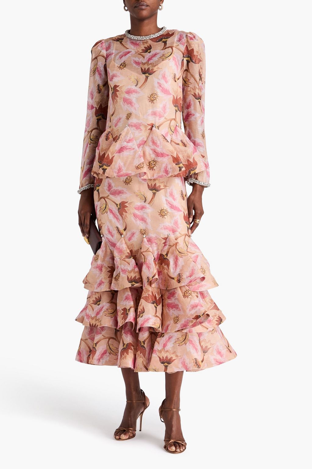 ZIMMERMANN リネン&シルク混 ミディワンピース ティアード クリスタル付き プリント入り