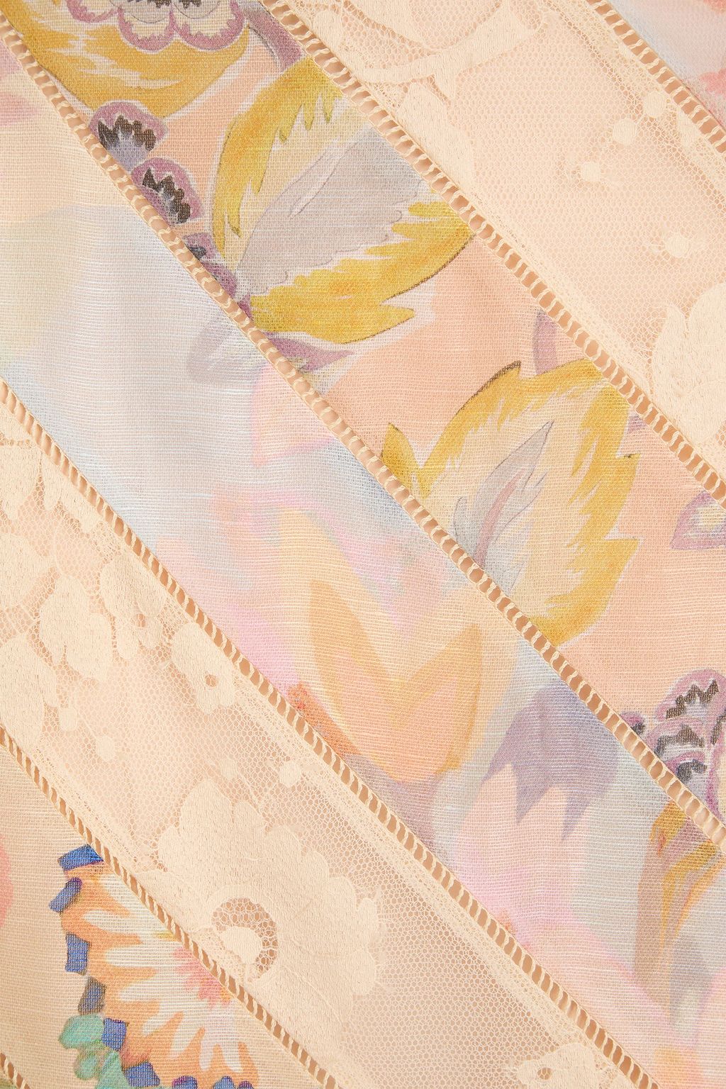 ZIMMERMANN 레이스 트리밍 플로럴 프린트 리넨 실크 혼방 오간자 미디 스커트
