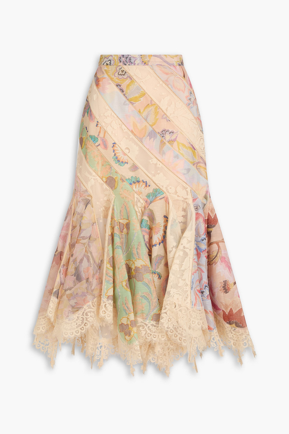 Zimmermann Lace-trimmed Floral-print Linen And Silk-blend Organza Midi Skirt In Pink