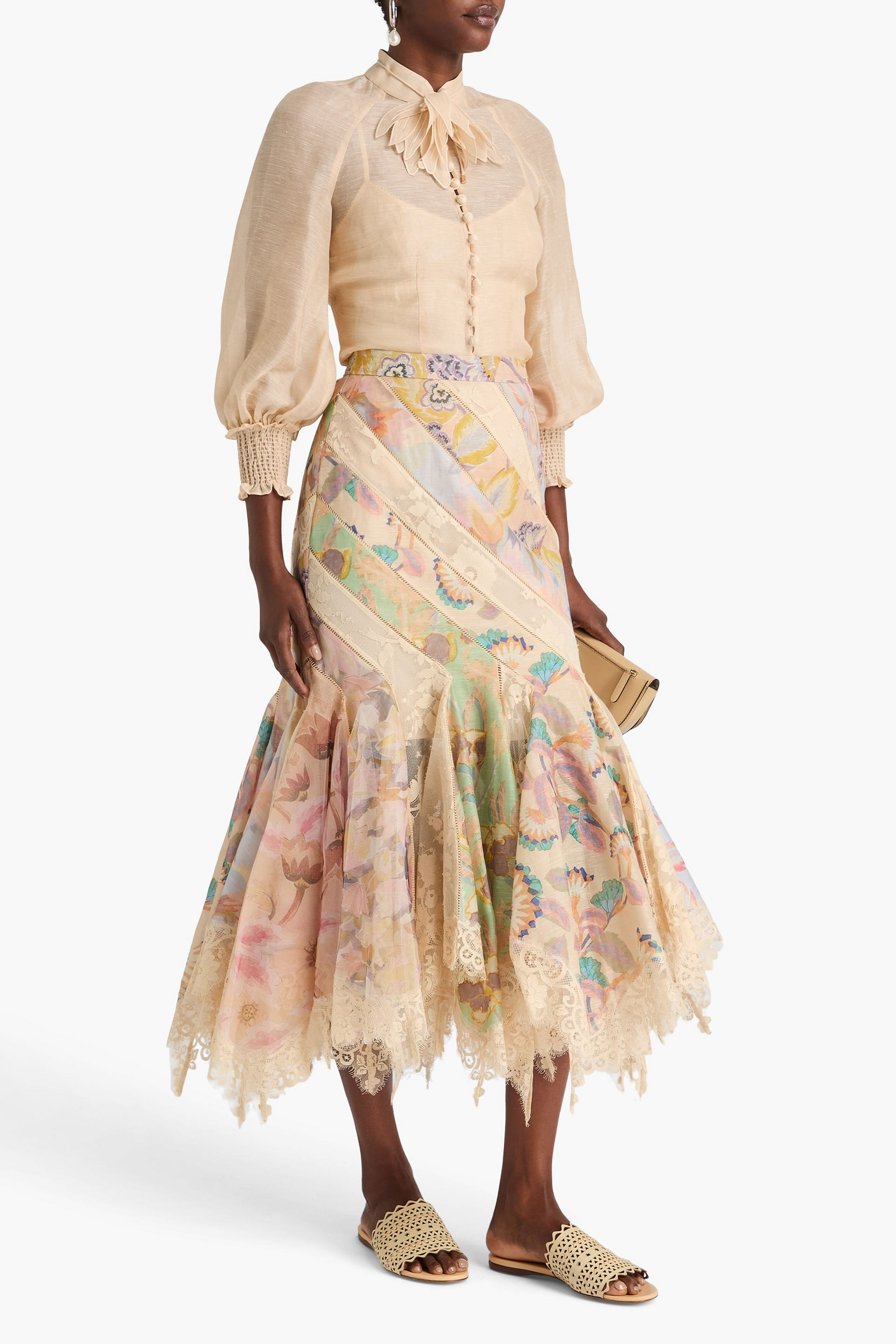 Zimmermann Lace-trimmed floral-print linen and silk-blend organza midi skirt
