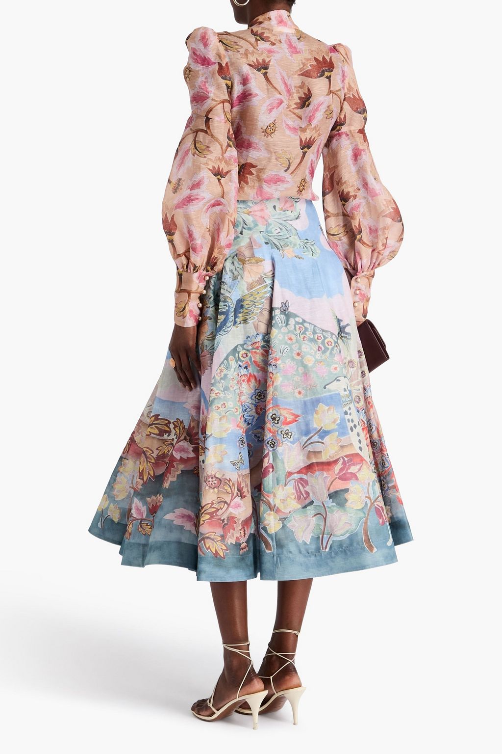 ZIMMERMANN Floral-print linen and silk-blend organza midi skirt