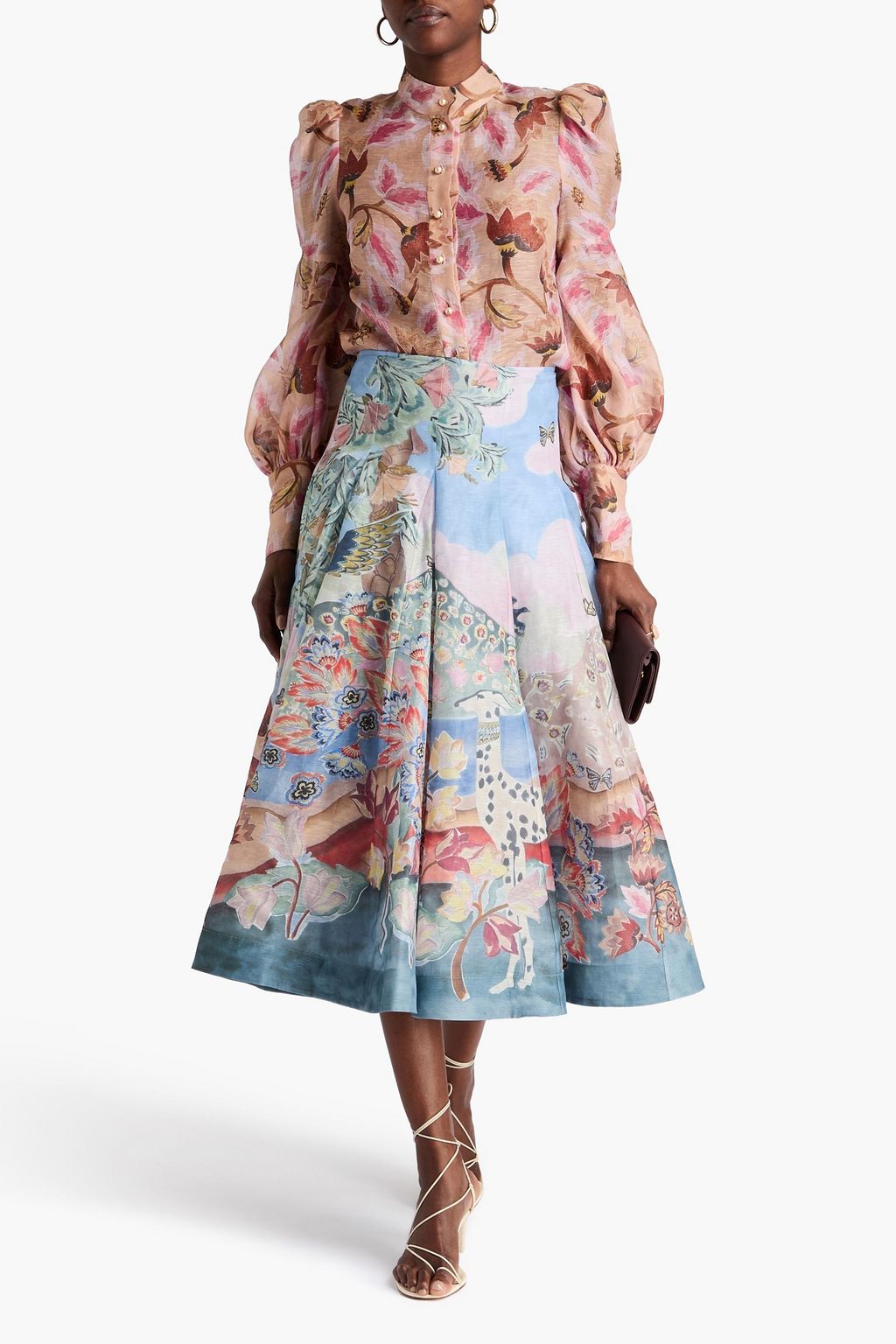 ZIMMERMANN Floral-print linen and silk-blend organza midi skirt