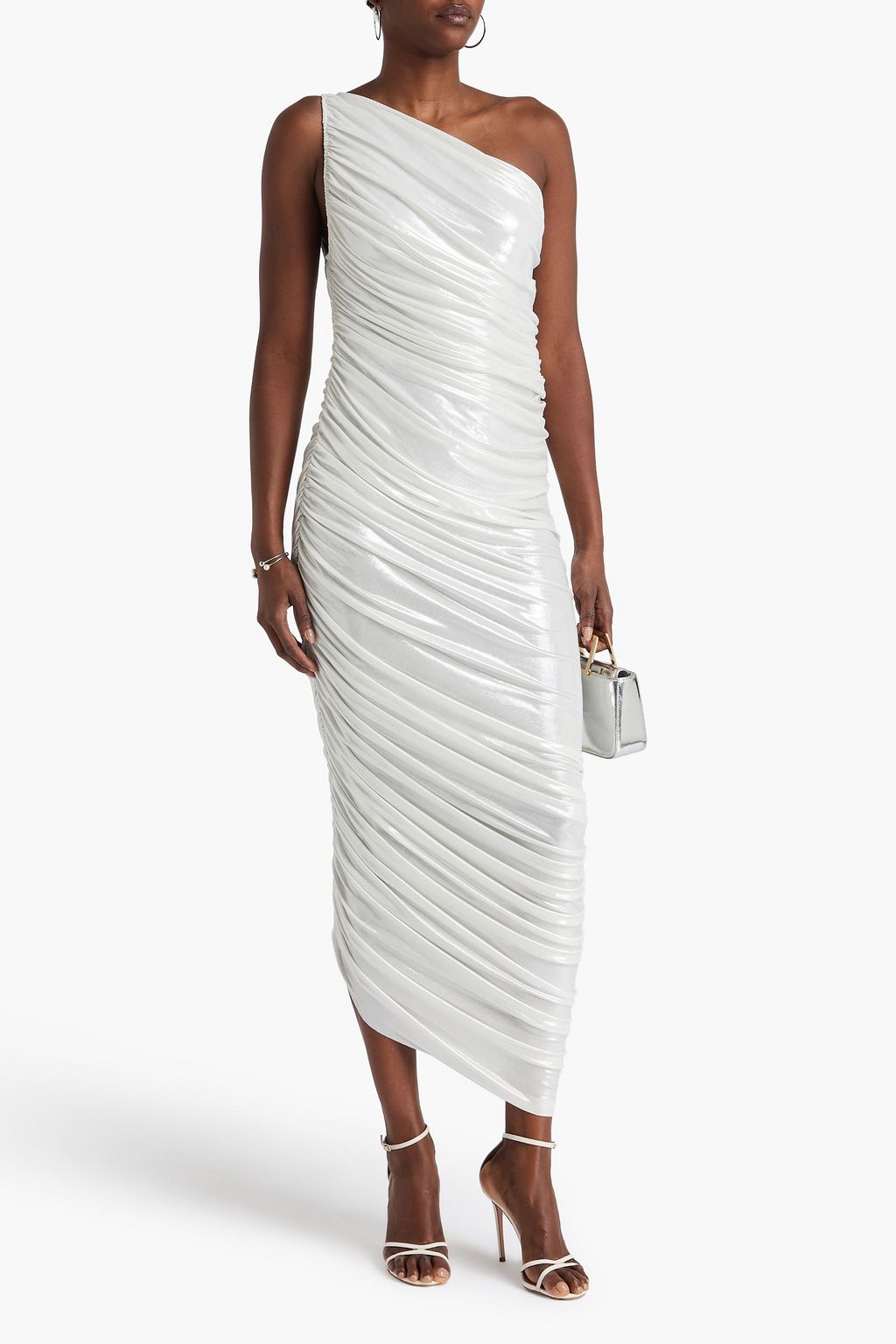 NORMA KAMALI Diana one-shoulder ruched metallic stretch-jersey gown